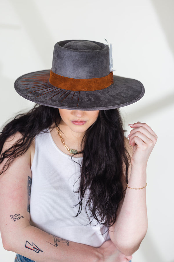 Riha Grey Suede Embroidered Boater Hat