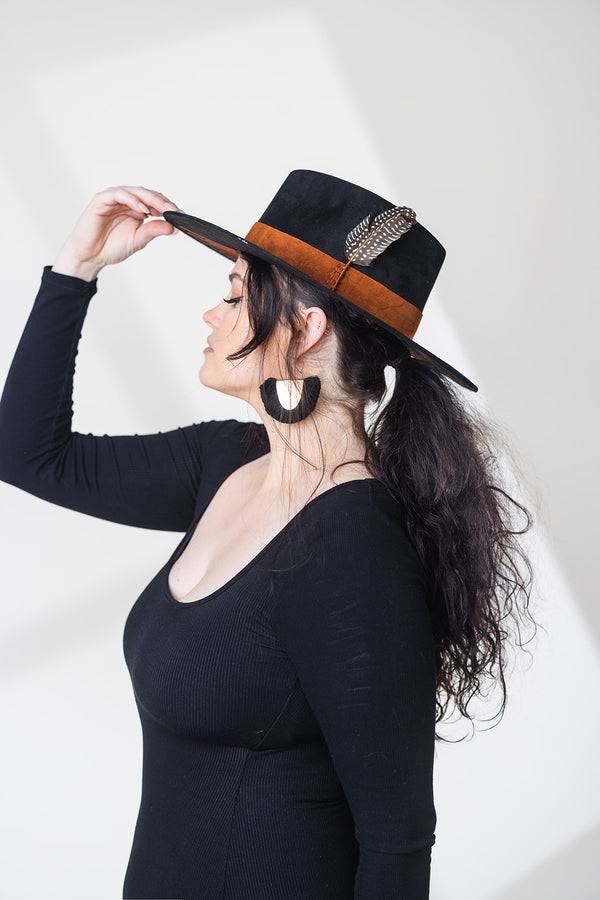 Stevie Black Suede Embroidered Rancher Hat