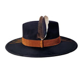 black embroidered suede rancher hat with feathers