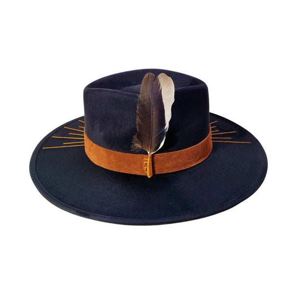black embroidered suede rancher hat with feathers