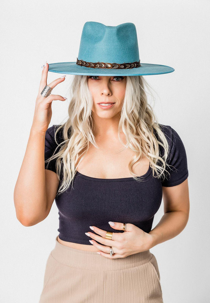 Billie Rancher Hat In Powder Blue with Feather Band - Ceohatclub